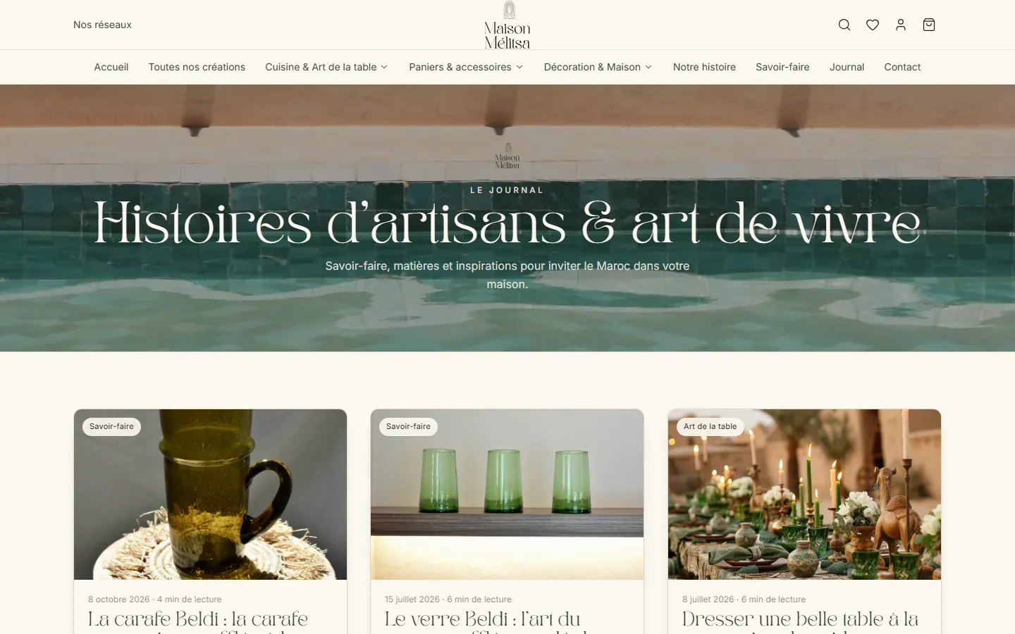 Journal de Maison Mélitsa : bandeau Histoires d’artisans et art de vivre, et cartes d’articles sur la carafe et le verre beldi