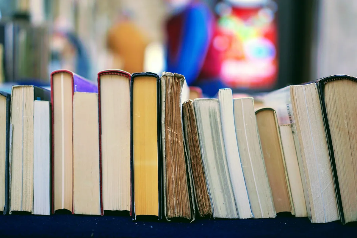 صف من الكتب القديمة المجلدة وكتب الجيب واقفة فوق طاولة عرض